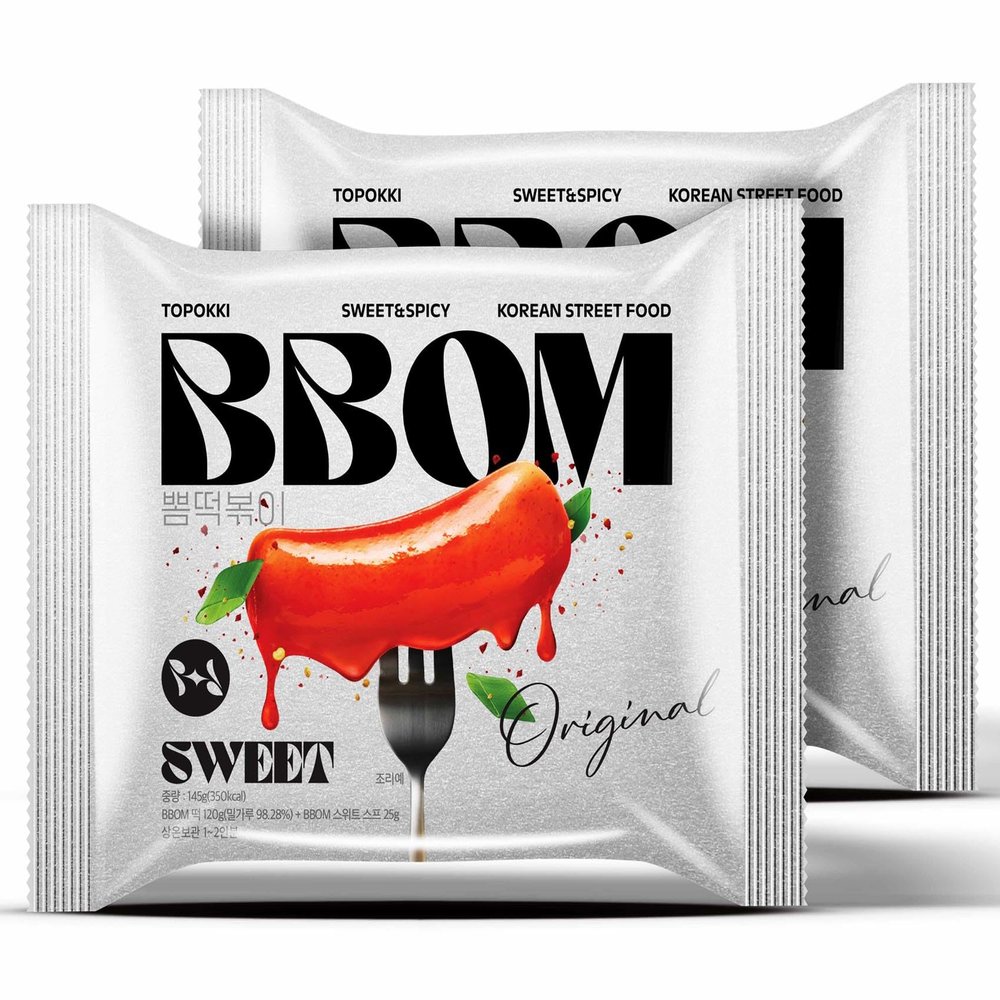 BBOM Instant Korean Tteokbokki Pouch Sweet & Spicy Street Food Easy and Convenient Preparation Includes Tray, Rice Cakes & Powder Sauce, 3 Flavors_5.19oz (147g) x 2ea (Sweet)