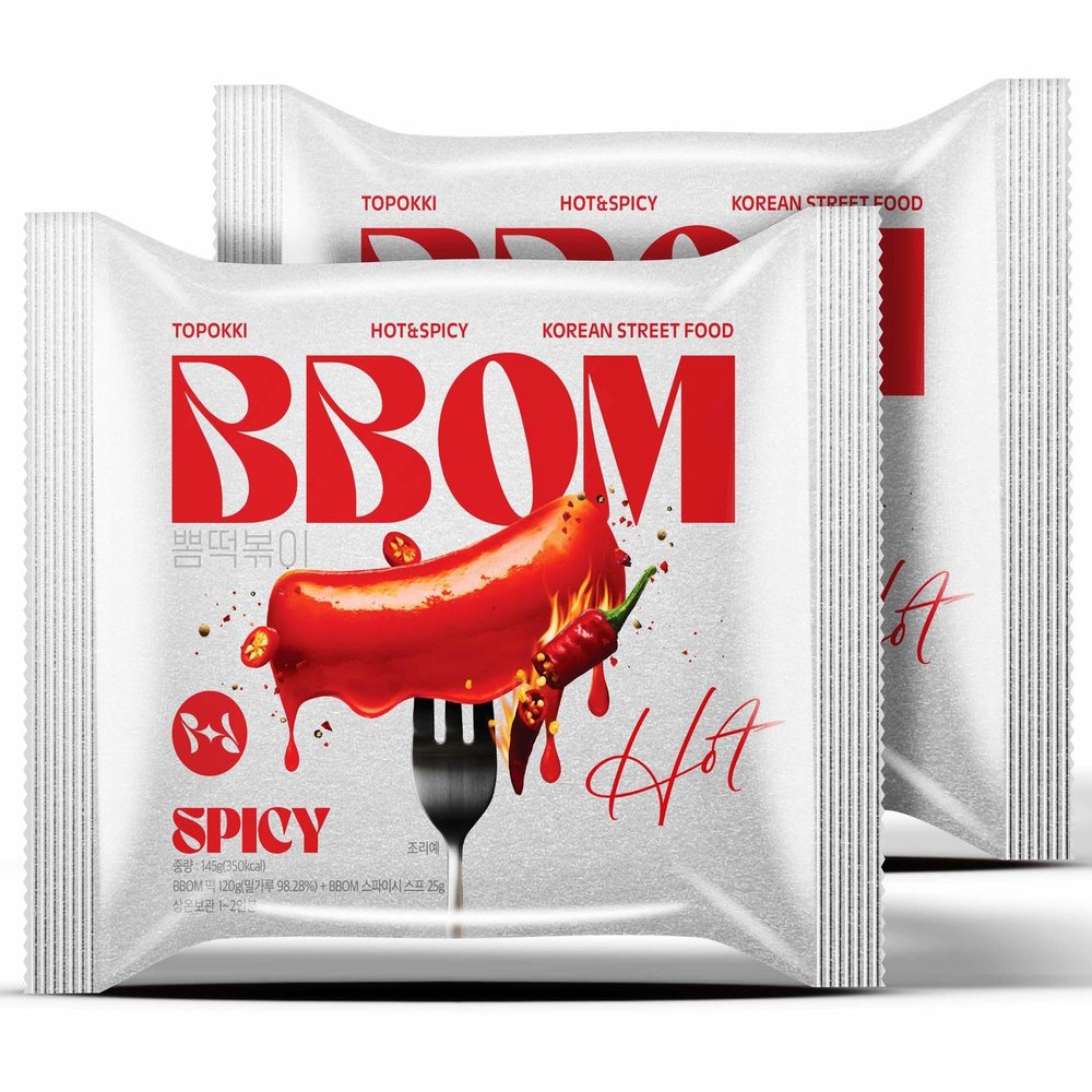 BBOM Instant Korean Tteokbokki Pouch Sweet & Spicy Street Food Easy and Convenient Preparation Includes Tray, Rice Cakes & Powder Sauce, 3 Flavors_5.19oz (147g) x 2ea (Spicy)