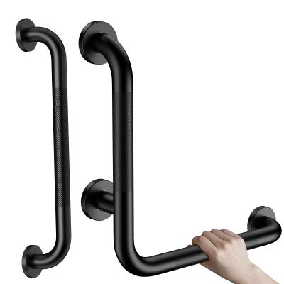 16 Inch Angled Grab Bar, iHansee Anti Slip L-Shaped Shower Grab Bar w/ 16 Inch Straight Bathroom Balance Bar, Knurled Stainless Steel Safety Handle for Seniors Elderly Injury Handicap, Matte Black