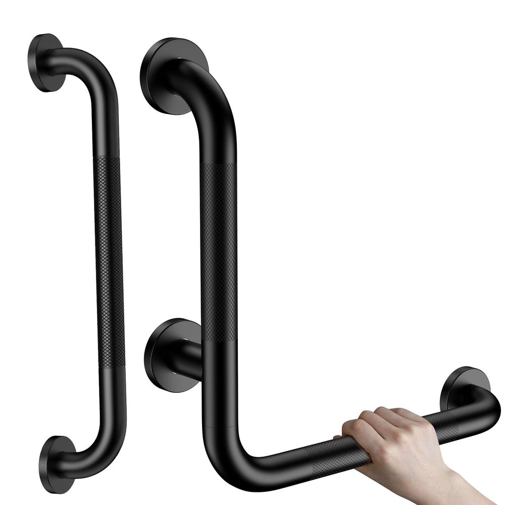 16 Inch Angled Grab Bar, iHansee Anti Slip L-Shaped Shower Grab Bar w/ 16 Inch Straight Bathroom Balance Bar, Knurled Stainless Steel Safety Handle for Seniors Elderly Injury Handicap, Matte Black