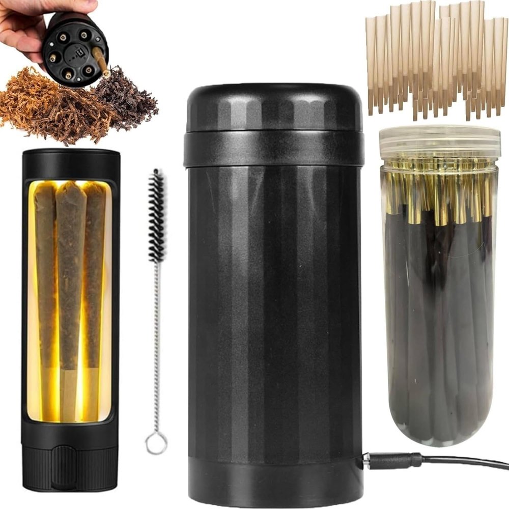 2in1 Roller Mills, Portable Swift Roll Cylinder Grinder Machine with 50 Papers with 1 LED Storage Tank, Pro Roller Electric Grinders and Cone (1 Set)
