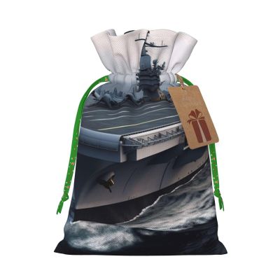 LHBWCVN Aircraft Carrier Christmas Drawstring Gift Bags with Tags, Xmas Gift Bags with Green Christmas Ribbon, Reusable Gift Wrapping Bag Fabric Goody Gift Sacks for Party Presents Decorations