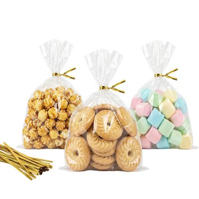 Ankyery 150 Pcs Cello Cellophane Treat Bags,5x7 Inch Candy Bags with 170 Pcs Gold Twist Ties, Clear Goodie Bags for Gift Wrapping,Packaging Candies,Dessert, Popcorn,Bakery,Party Favors