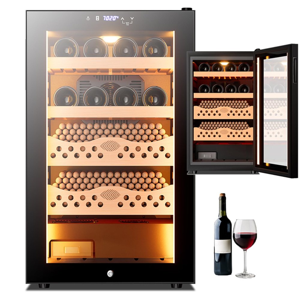 70L Electric Cigar Humidor Cabinet,Cedar Wood Frame Wine Cooler Cigar Cabinet, Temperature and Humidity Controlled Glass Door Humidor, Smart Touch Panel, Led Light, Partition Storage, for 400 Cigars,B