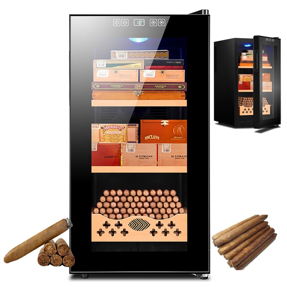 PPOIUYK 35L Electric Cigar Humidors Cabinet, Intelligent Electronic Cigar Cabinet Cooler with Spanish Cedar Wooden Drawer & Shelf, Temperature 11~18C,Built-in LED Light, 250 Cigars,A