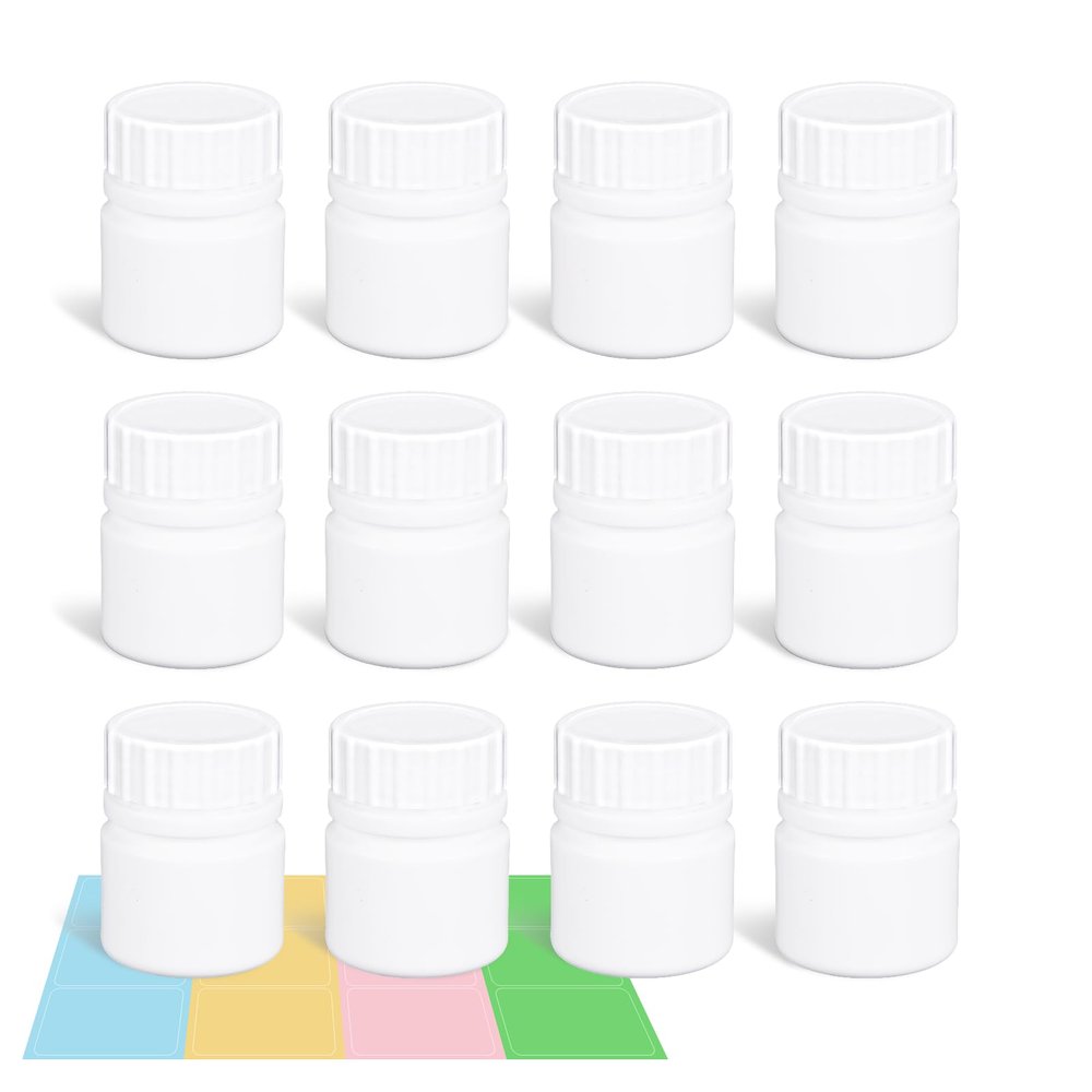 12 Pack Travel Pill Bottles - White Food Grade Plastic with Screw Caps & Labels, Small Pill Organizer for Pills, Vitamins, Capsules