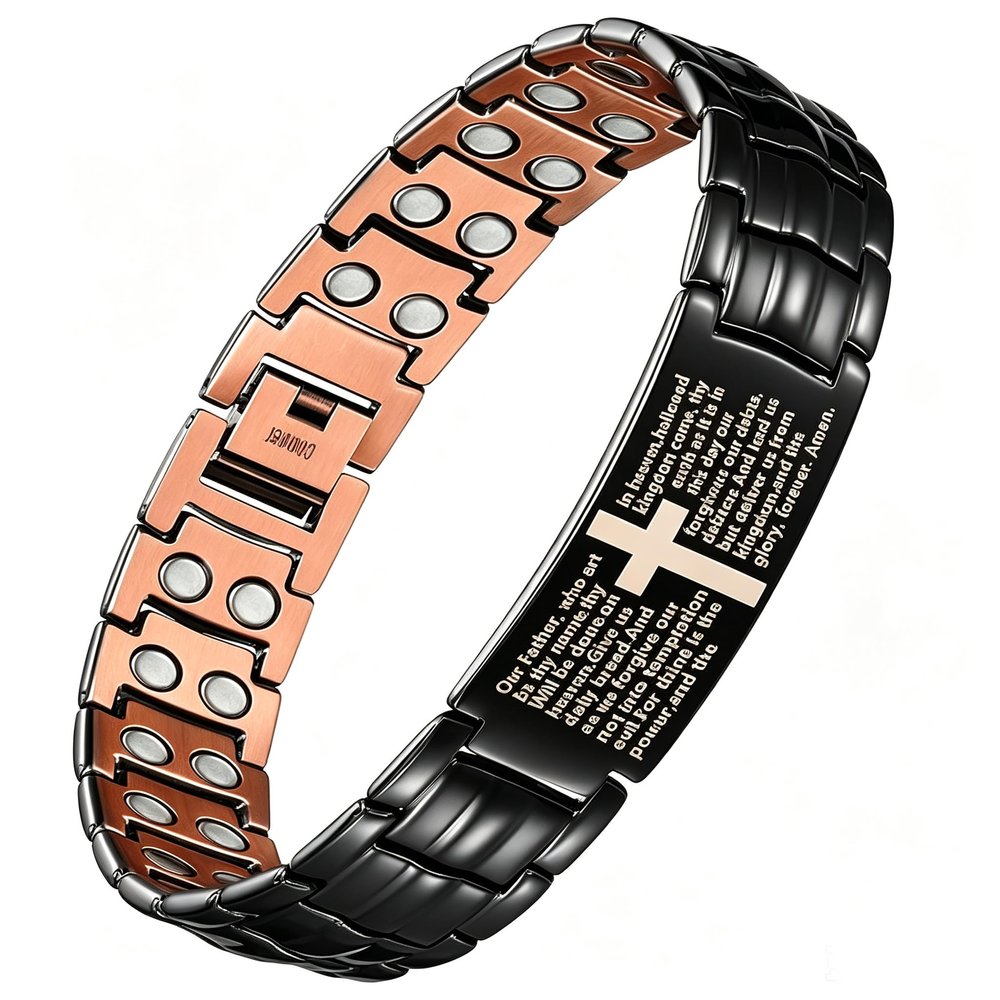 Jeracol Copper Bracelet for Men, Ultra Strength Magnetic Bracelets with 3500 Gauss Magnets - Adjustable Sizing Tool & Gift Box (Black Cross Style)