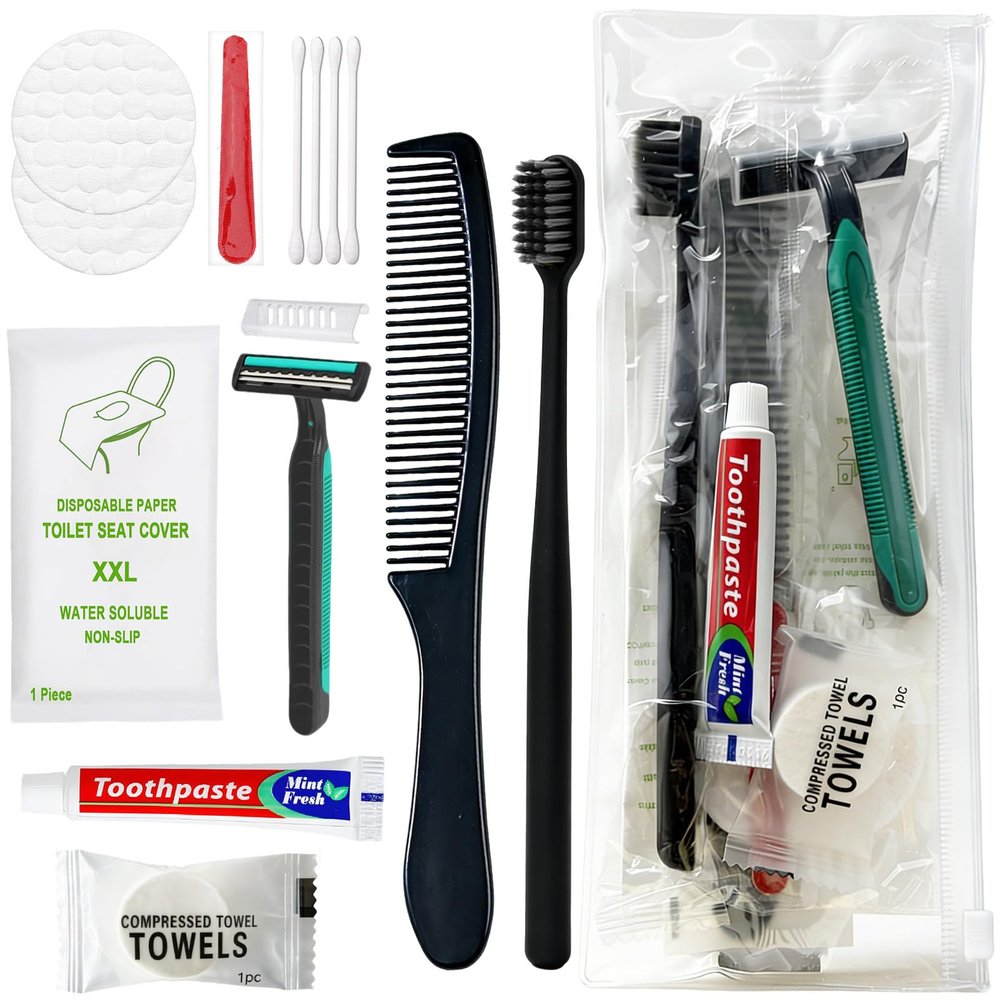 12 Sets Personal Hygiene Kit Bulk, Disposable Toothbrushes with Toothpaste, Comb, Shaving Razor, Towel, Cover, and Vanity Kit, Toiletry Kits Homeless Bulk Supplies for Women, Men, Travel, Homeless