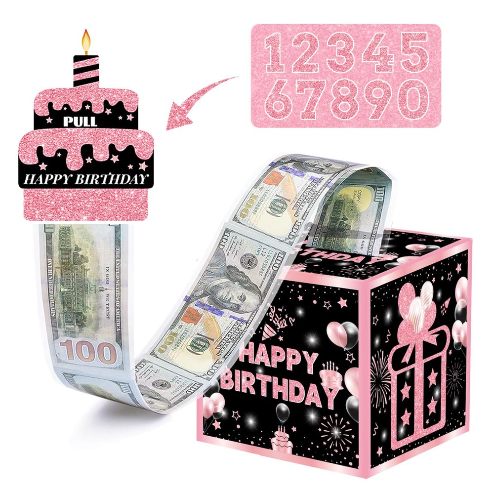 Birthday Money Box for Cash Gift with DIY StickersA Surprising Money Gift Box with Pull-Out Happy Birthday Card & 50 Cash Bags, Ideal Gift for Men, Women, and Kids All Ages