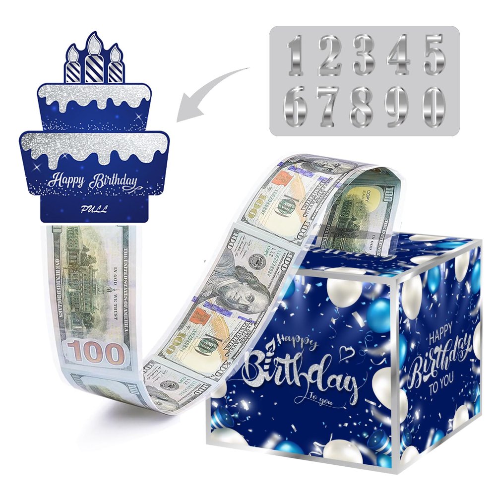 Birthday Money Box for Cash Gift with DIY StickersA Surprising Money Gift Box with Pull-Out Happy Birthday Card & 50 Cash Bags, Ideal Gift for Men, Women, and Kids All Ages
