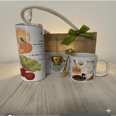 The Belle Infuse Botanical Tea Gift Set, Stainless Steel Tumbler and Ceramic Mug with Natural Recipe Designs, Tea Infuser and Jute Bag Included