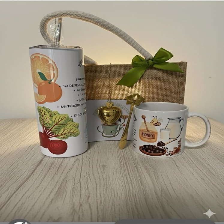 The Belle Infuse Botanical Tea Gift Set, Stainless Steel Tumbler and Ceramic Mug with Natural Recipe Designs, Tea Infuser and Jute Bag Included