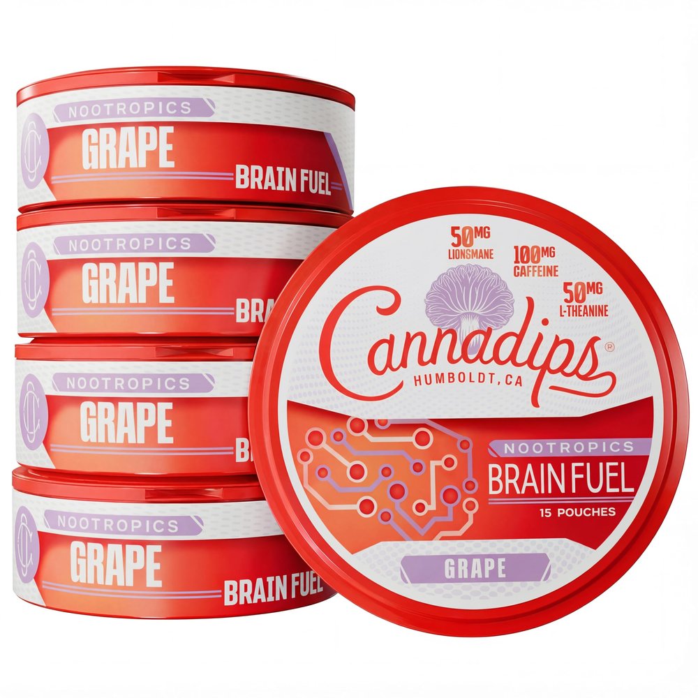 Cannadips - Grape Energy Pouches - Nootropic Caffeine Pouches - 50mg Lion's Mane, 100mg Caffeine, 50mg L-Theanine, No Sugar - Clean Energy Brain Fuel for Cognitive Performance - Made in USA (5-Pack)