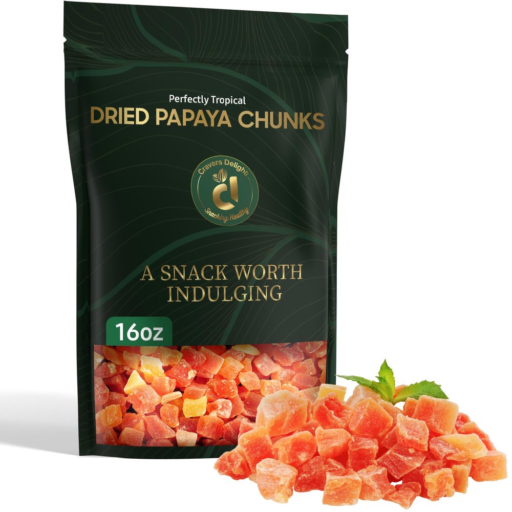 Cravers Delight Dried Papaya Chunks 16 oz of Dehydrated Papaya Fruit, Lightly Sweetened with Natural Cane Sugar Tropical Dried Fruit Basket Gift in Premium Bag Non-GMO Gluten Free Vegan Snack