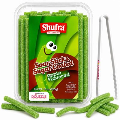 DOUzzle Kosher, Green Apple Sour Candy Straws - Soft & Chewy Sour Sticks (10 OZ, 1 Pack) Party Favors & Movie Night Snacks