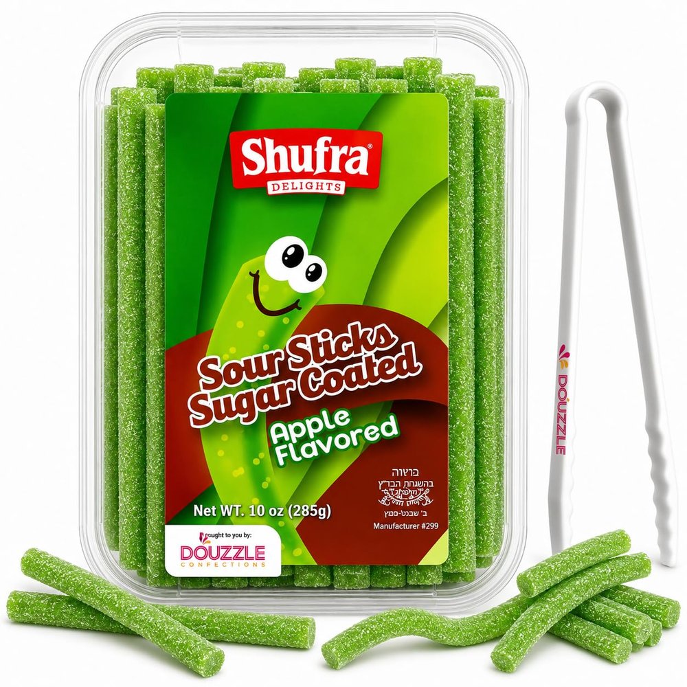 DOUzzle Kosher, Green Apple Sour Candy Straws - Soft & Chewy Sour Sticks (10 OZ, 1 Pack) Party Favors & Movie Night Snacks