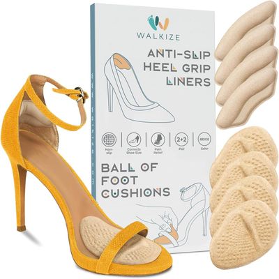 Walkize Metatarsal Pads & Anti Slip Heel Pads for Women & Men | Ball of Foot Cushions & Heel Grips | Shoe Inserts for Pain Relief, Blister Prevention & Comfort (2 Pairs Each, Beige)