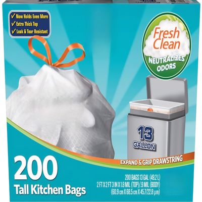 Fresh Clean Tall Kitchen Bags, 13 Gallon, 200 Count, Leak & Tear Resistant, Extra Thick Top, Expand & Grip Drawstring, Odor Neutralizing