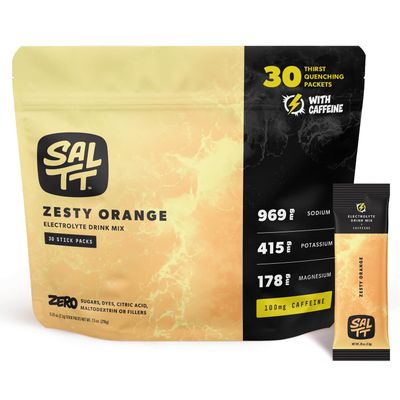 SALTT Electrolytes Powder Flavored Drink Mix - Zesty Orange - 30 Hydration Packets - Magnesium, Potassium, Sodium, Trace Minerals - Zero Sugar & Gluten Free - Travel Essentials - 100mg Caffeine