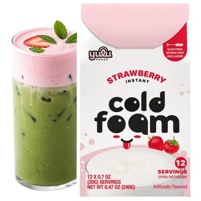 YULU FOODS Strawberry Instant Cold Foam Sticks (12 Servings, 8.47 oz) | Non-Dairy Berry Creamer for Iced Coffee, Tea & Matcha | Caffeine-Free | Whip Caf-Style Froth in Seconds