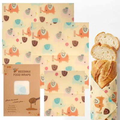 Beeswax Wraps for Food, Elephant 3 Pack (S, M, L) Reusable Food Wraps, Bread Sandwich Wrap, Zero Waste, Organic, Plastic-Free Food Storage Wrap
