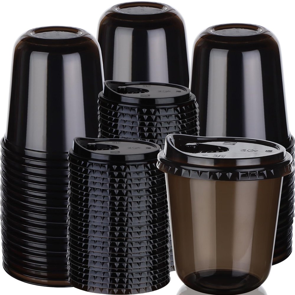 100 Sets Disposable Stemless Glasses With Strawless Sip Lids,PET Drinking Cups,Clear Plastic Coffee Cup for Iced Coffee, Smoothie, Cold Beverage, Drink Shop and Christmas Party Supply (Black, 12 oz)