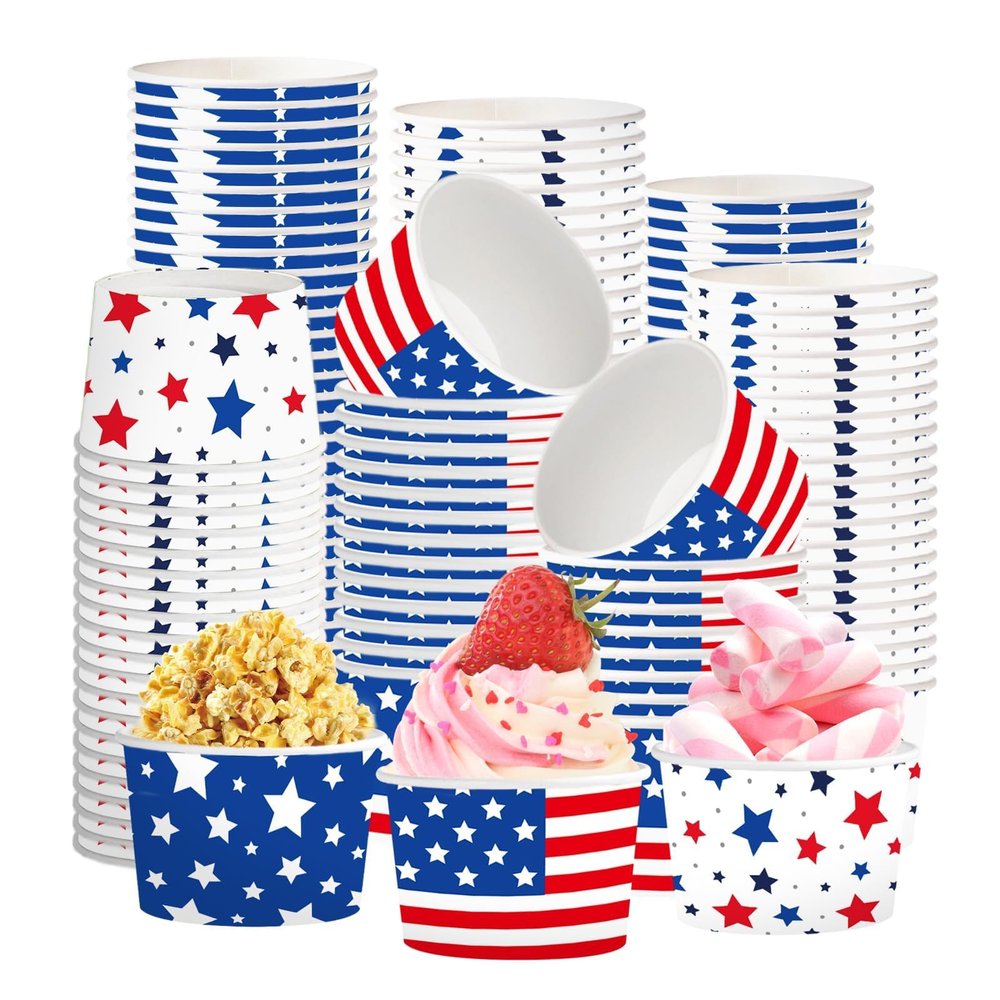 120Pcs American Flags Ice Cream Cups 12 oz Red White and Blue Paper Dessert Snack Bowls Patriotic Decor Food Yogurt Cups Containers for Memorial Day 250 Anniversary 4th of July Veterans Party Supplies