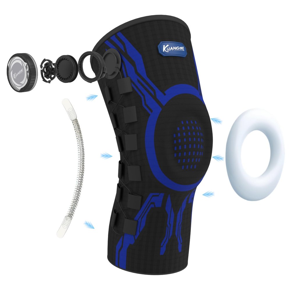 Kuangmi Knob Knee Brace for Pain Relief, Knee Support with Patella Gel Pad & Side Stabilizers, Compression Knee Sleeve for Workout, Arthritis, Joint Pain, Meniscus Tear (Blue Black,Right,Large,Single)