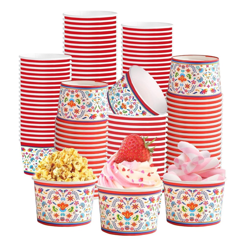 120Pcs 12 oz Mexican Paper Bowls Fiesta Ice Cream Cups Colorful Fiesta Flower Dessert Cups Disposable Soup Snack Bowls for Cinco De Mayo Mexican Party Supplies for Taco Dessert Hot or Cold Food