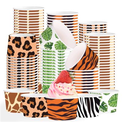 120 Pcs 12 oz Jungle Safari Animal Ice Cream Cups Disposable Leopard Tiger Zebra Giraffe Print Paper Dessert Snack Bowls Wild Animals Food Yogurt Cup Containers for Birthday Baby Shower Party Supplies