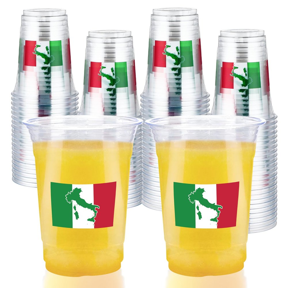 100 Pcs Italian Flag Plastic Cups 16 oz Italy Flags Disposable Plastic Cups Red White Green Italian Clear Cocktail Glasses for Pizza Holiday Birthday Party Juice Drinking Snacks Coffee Party Supplies