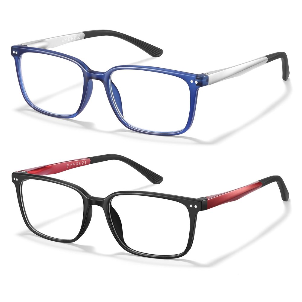 EYEREZI Reading Glasses for Men Square Lightweight TR90 Frame mens Accessories Computer Anti Blue Light Blocking Readers with Spring Hinge,1.75x Black+Red,2 Pack