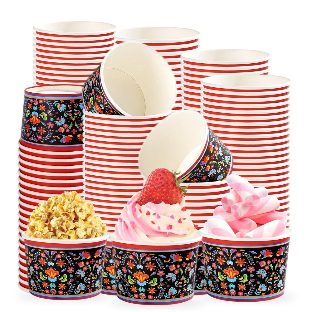 120 Pcs Mexican Ice Cream Cups 12 oz Disposable Mexican Floral Cinco De Mayo Paper Dessert Snack Bowls Fiesta Mandala Flower Paper Cups for Cinco De Mayo Mexico Birthday Party Supplies