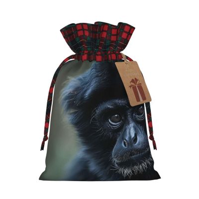 Ruzoap Christmas Burlap Gift Bags with Drawstrings, Black Gibbon Monkey - Christmas Treat Candy Bags for Holiday Party Wrapping Xmas Present - Small