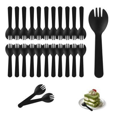 Simpldell 200Pcs Mini Plastic Sporks Individually Wrapped, 4.2Inch Black Disposable Spoon Fork Utensils Combo for Kids Parties, Office Snacks, Catering, Restaurants & To-Go Use