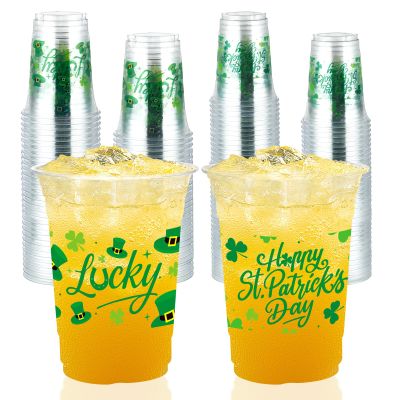 100 Pcs St Patrick's Day Plastic Cups 16 oz Green Shamrock Disposable Plastic Cups Lucky Clover Clear Cocktail Glasses for St Patrick's Day Party Juice Drinking Snacks Coffee Party Supplies