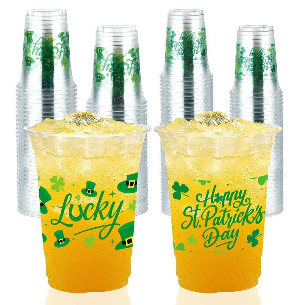 100 Pcs St Patrick's Day Plastic Cups 16 oz Green Shamrock Disposable Plastic Cups Lucky Clover Clear Cocktail Glasses for St Patrick's Day Party Juice Drinking Snacks Coffee Party Supplies
