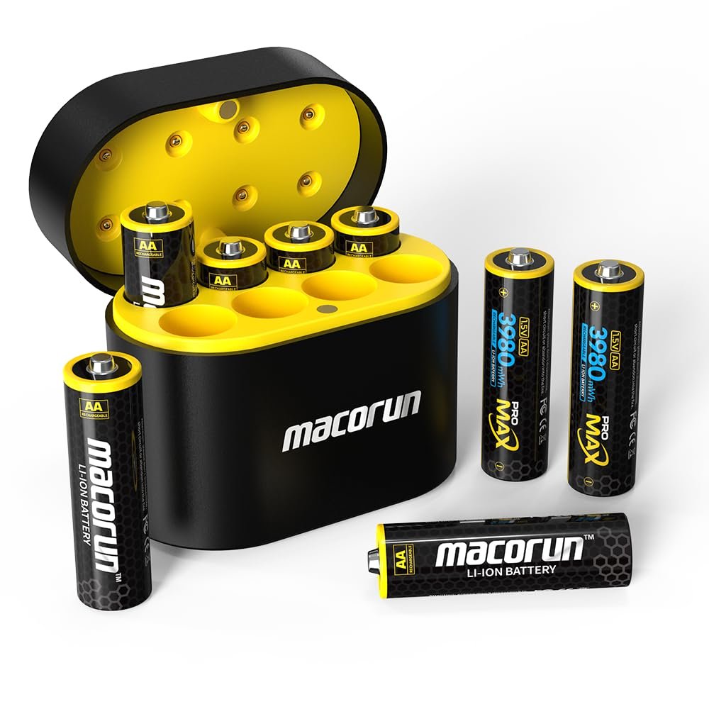 MACORUN Rechargeable AA Batteries with Charger,High Capacity Lithium Batteries AA Rechargeable Batteries,1.5V Lithium AA Batteries