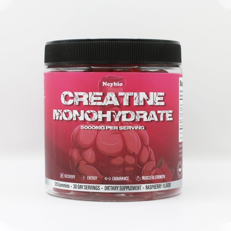 ArtsBear Neybio Creatine Monohydrate Gummies - 5000mg Creatine, Raspberry Flavor, 120 Count - Vegan, Sugar-Free, Boosts Performance & Recovery