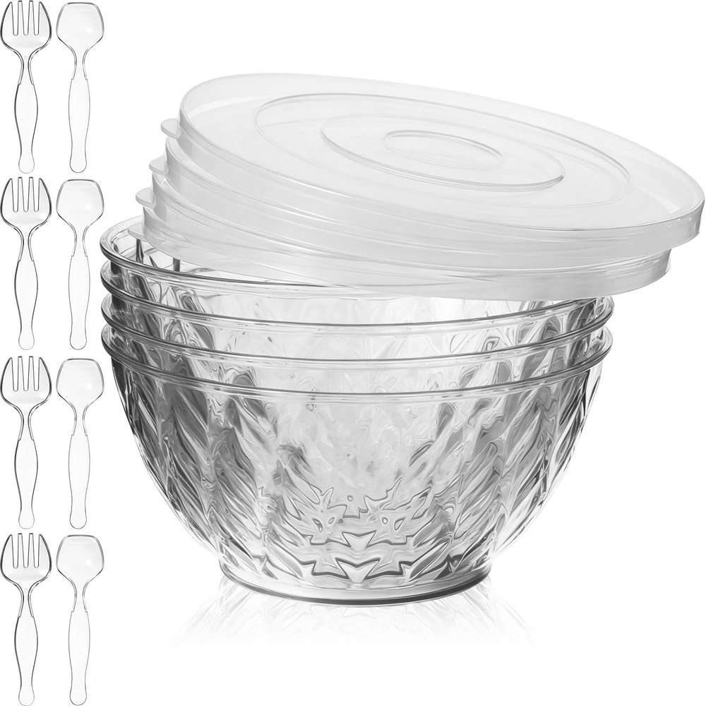 Ferrochef 4 Pack Large Plastic Serving Salad Bowl Sets 150 oz Disposable Salad Pot with Lids Forks Spoons Large Mixing Punch Bowls Party Chip Candy Dish Meal Prep Containers for Eating Lunch (4.5 L)
