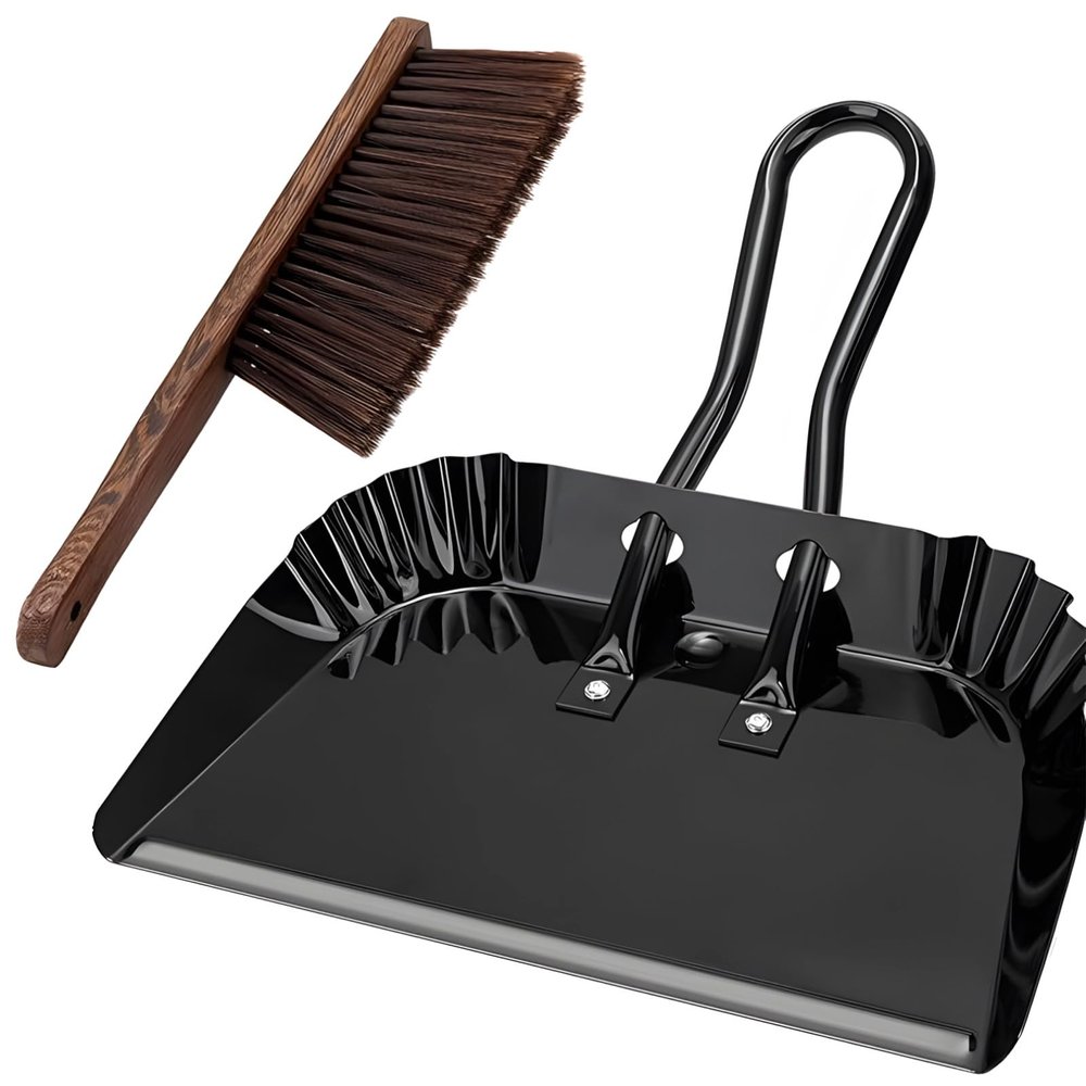 12 In / 30 Cm Broom And Dustpan Combo, Stainless Steel, Black, Household Outdoor Patio Cleaning, Long-Lasting