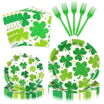 100 Pieces St. Patricks Day Party Tableware Set Shamrock Clover Plates, Napkins and Forks, Green Disposable Dinnerware for Irish Party and Lucky Clover Party Supplies