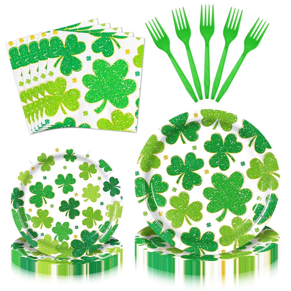 100 Pieces St. Patricks Day Party Tableware Set Shamrock Clover Plates, Napkins and Forks, Green Disposable Dinnerware for Irish Party and Lucky Clover Party Supplies