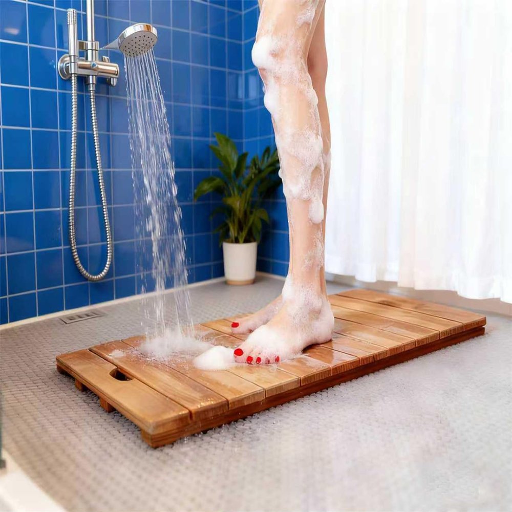 MZGTYW29in33in,Waterproof & Anti-Slip Teak Wood Floor Mat, Easy to Clean, for Bathroom, Bathtub, Spa, Sauna, Pool, Indoor and Outdoor Use(Oiled Finish)