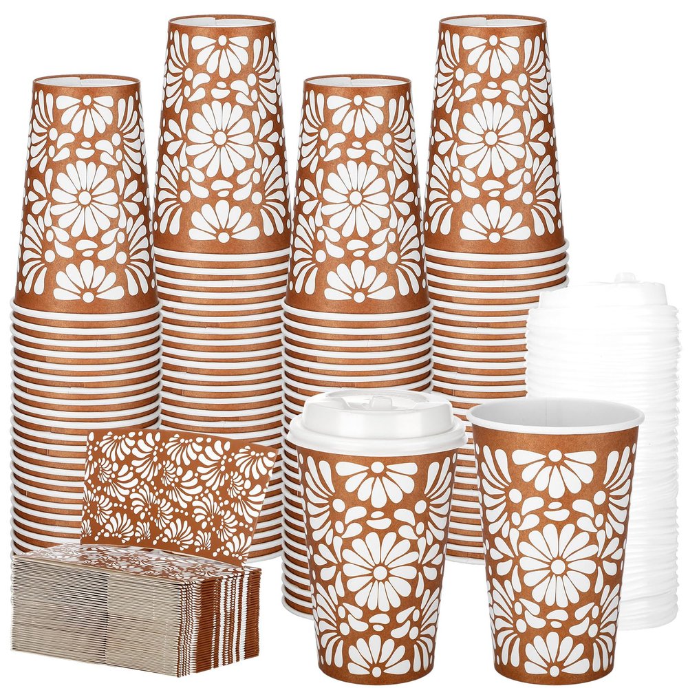Acellegic 50 Sets 12oz Cielito Lindo Cups Mexican Paper Cup Copas De Barro Disposable Fiesta Coffee Drink Mug with Lid Sleeve for Birthday Baby Shower Wedding Party Supply Cafe Shop Decoration