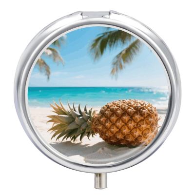 Tropical Pineapple Hawaiian Metal Pill Box - 3 Compartment Mini Portable Pill Organizer for Purse & Pocket, BPA-Free Travel Pill Case for Vitamins, Medication, Supplements