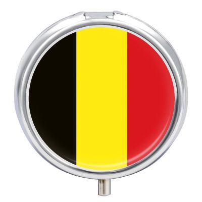 Kingdom of Belgium Flag Small Pill Box for Purse & Pocket Medicine Organizer, Travel Portable Pill Case with Mirror, Container Holder for Vitamins, Fish Oil, Supplements Round