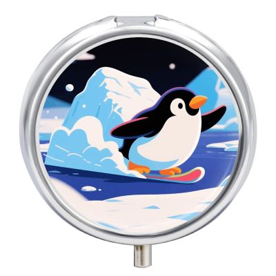 Penguins Skating Metal Pill Box - 3 Compartment Mini Portable Pill Organizer for Purse & Pocket, BPA-Free Travel Pill Case for Vitamins, Medication, Supplements