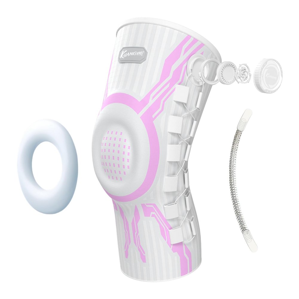 Kuangmi Knob Knee Brace for Pain Relief, Knee Support with Patella Gel Pad & Side Stabilizers, Compression Knee Sleeve for Workout, Arthritis, Joint Pain, Meniscus Tear (Pink White,Left,Large,Single)