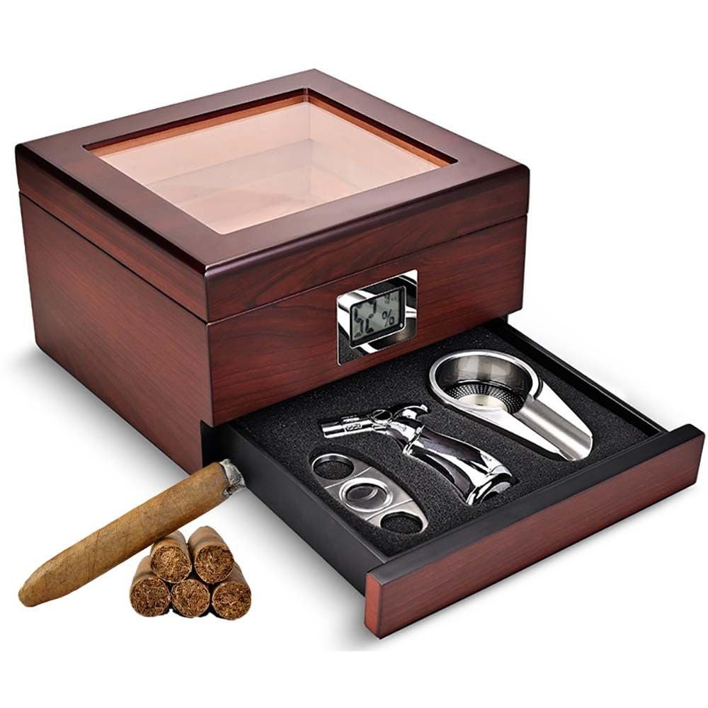 PPOIUYK Cigar Humidor, Luxury Cigar humidor, Handmade Cigar humidor kit, with Front Digital Hygrometer, Accessory Drawer, Hold up 80 Cigars, Gift for Cigar Lover,B